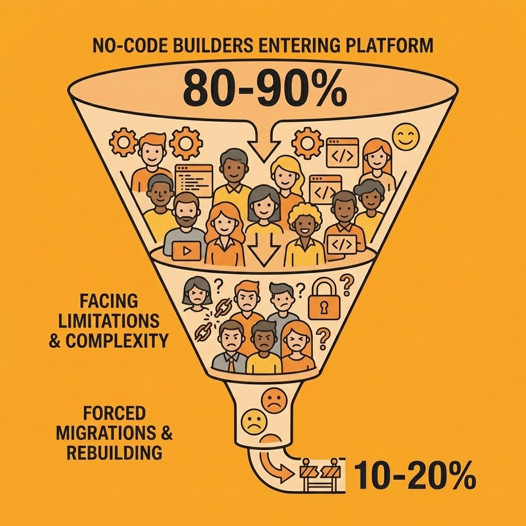 Funnel diagram showing a large percentage of no-code builders entering the platform, filtering down to those facing limitations and forced migrations